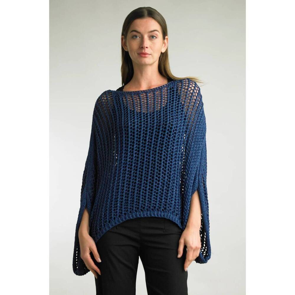 NEW TEMPO PARIS metallic crochet poncho top in navy